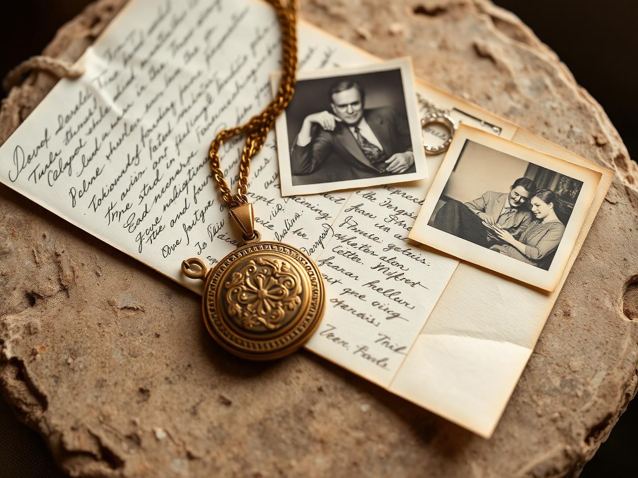 Handwritten letters, a brass locket and old photographs resting on stone